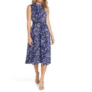 Leota Mindy Jersey Midi Dress Size L Floral Shirred Belted High Neck Modest Work